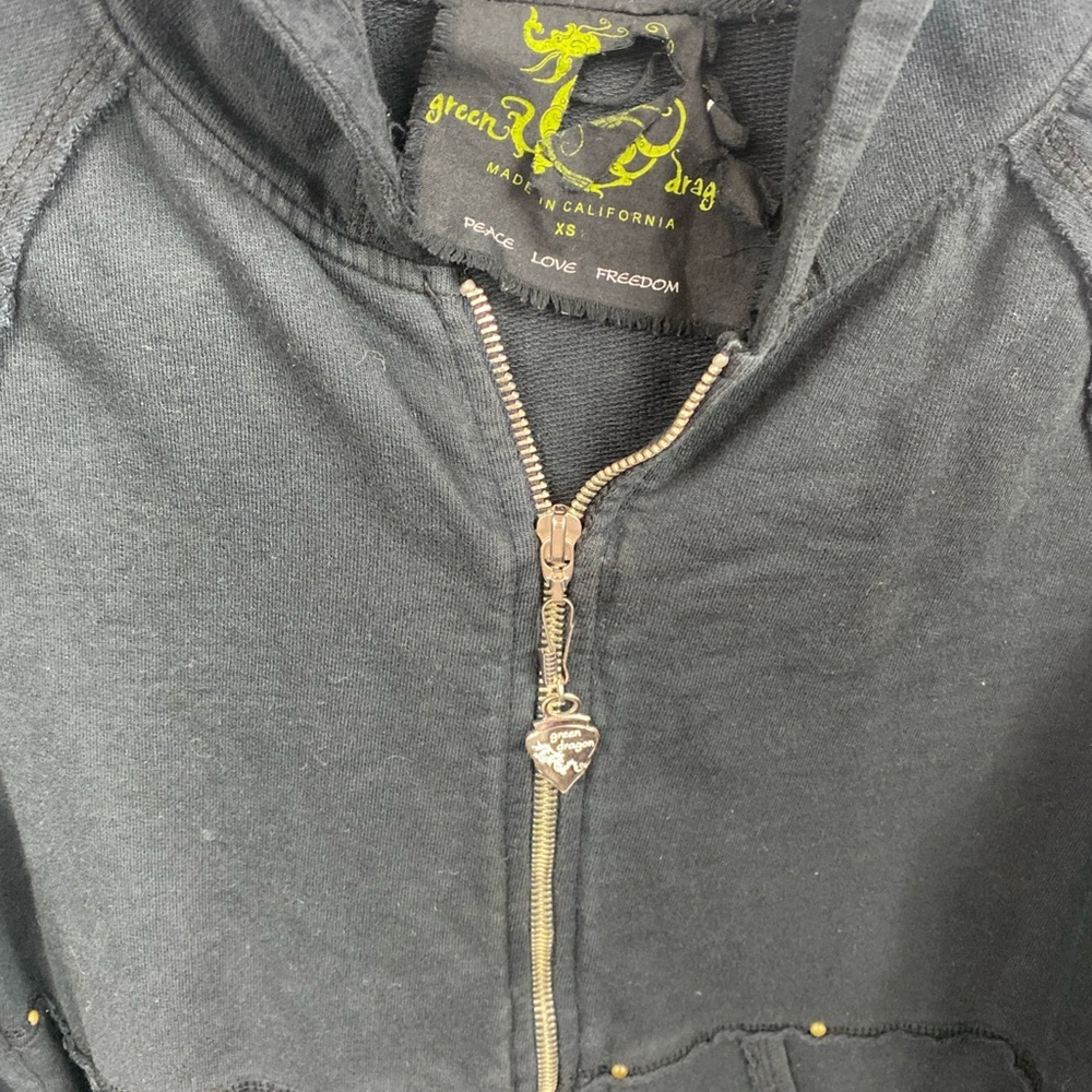 Y2K Asian Dragon Peace Love Freedom Zip Up Hoodie Green Dragon XS Extra Small - Picture 7 of 8